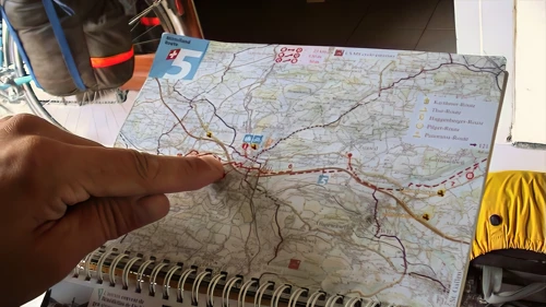 Plotting the day’s route at Gyrenbad as the rain persists.