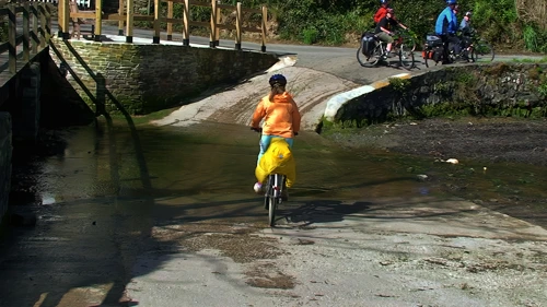 Splashing through Helford’s ford, 6.6 miles into the ride.
