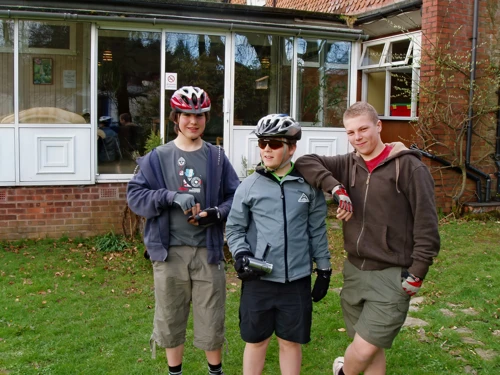 The group in Exford Youth Hostel grounds, dining room behind