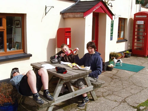 Lunch outside the Post Office and General Stores, Challacombe