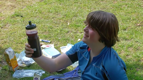Ash samples Ryan’s apple, blackcurrant and cranberry ‘period’ drink; unsurprisingly, he’s not a fan.