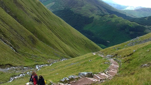Looking back from our rest stop below the lake on the Ben Nevis climb from the hostel.
