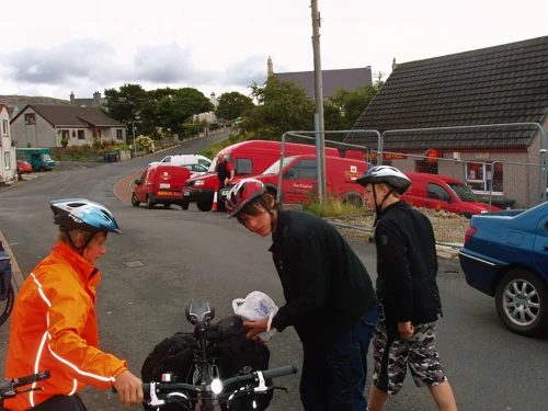 Post vans loading outside Tarbert Post Office.