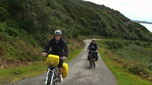 Ash and Ryan climbing from Enard Bay.
