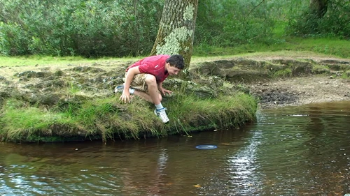 Everyone hopes Lawrence will fall in retrieving the Frisbee from the Ober Water at Puttles Bridge, 7.4 miles in.