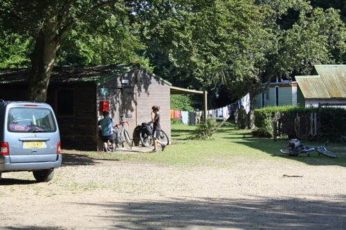 John and George at the bike shed, Burley Youth Hostel.