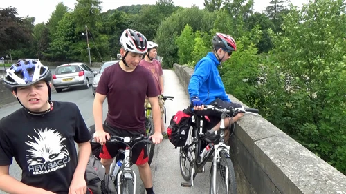 The group on Settle Bridge, looking forward to lunch at the Naked Man Café