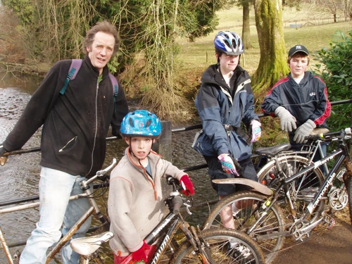 Nick, Donald, Joe and Josh on the quaint bridge over the River Avon between North Huish and Diptford.