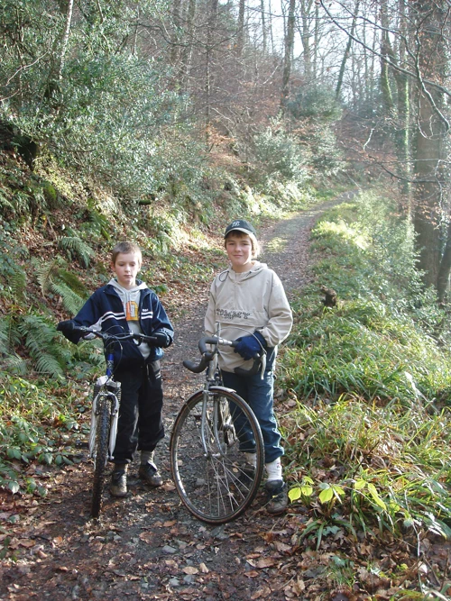 Dennis and Josh on the Two Moors Way through Holne Woods.