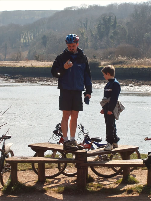 Tao and Dennis on Longmarsh, Totnes.