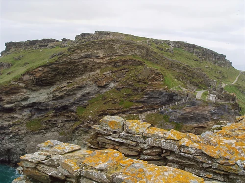 Tintagel Castle island, seen from the mainland.