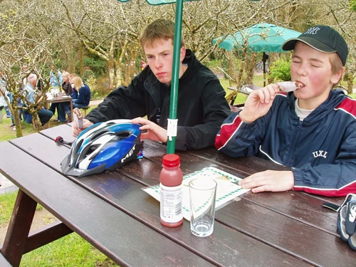 Ice creams at the garden café on the Camel Trail near Bodmin—21.5 miles in.