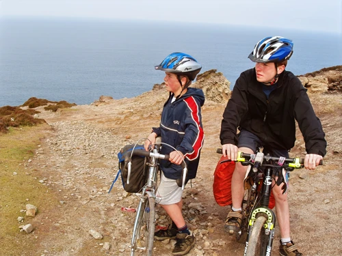 Josh and Joe enjoying spectacular views on the coast path between Perranporth and St Agnes.