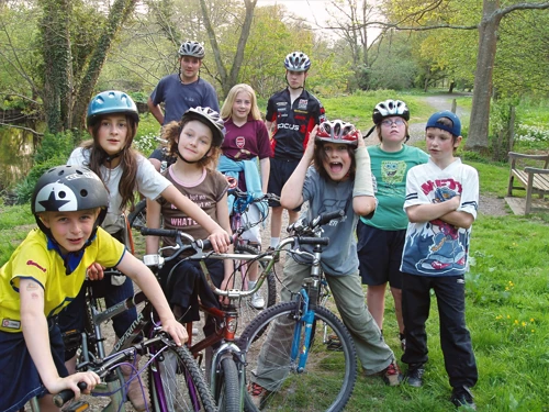 On the Staverton riverside path: Glen, Sylvan, Amie, Sarah, Zac, Megan, Dennis, with Matthew and Joe behind.