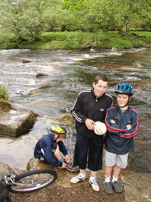 Dennis, Jack and Josh after braving the flooded stepping stones at Dartmeet.