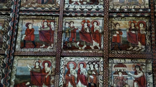 The illustrated ceiling at St Martin’s, Zillis, via the handy viewing mirror.