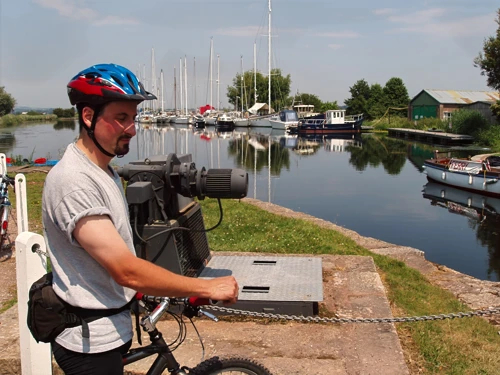 Tao at Turf Lock with the Exeter Ship Canal behind