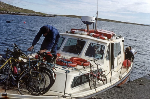 Mr McAskell loads the last bikes onto the Endeavour of Berneray for Harris. The Moulton gets a special berth.