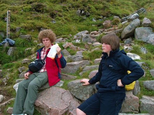 Ryan and Ash take a breather just below the lake on Ben Nevis.