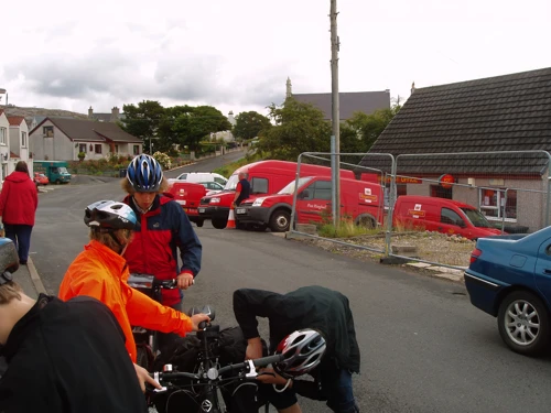 Post vans loading outside Tarbert Post Office.