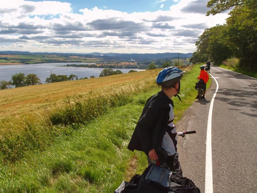 Callum admires the view along the Cromarty Firth towards Dingwall, 31.0 miles into the ride.