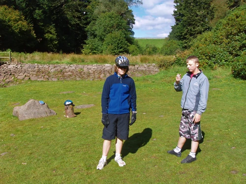 Ash and Callum in the drained Tottiford Reservoir.