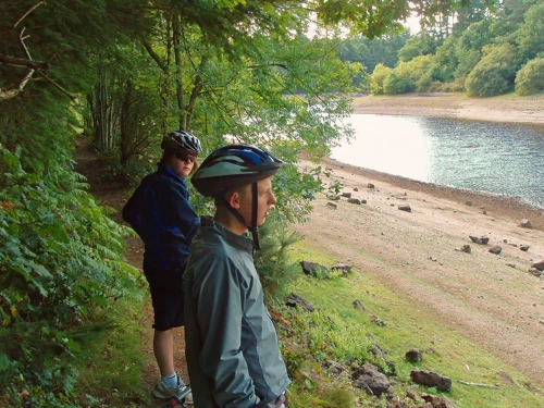 Ash and Callum on the path by the lower section of Tottiford Reservoir.