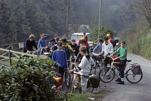 Assembling outside Lynton Youth Hostel