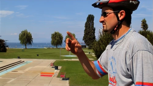 Tao admires the lakeside pool at Quai du Vent-Blanc, 1.7 miles from the hostel.