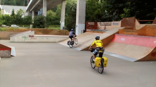 Joe and Tao enjoy the Dättwil BMX track, Baden, 6.9 miles in.
