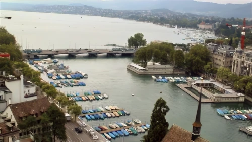 View of Lake Zurich from a Zurich Cathedral tower, 2.4 miles from the hostel.