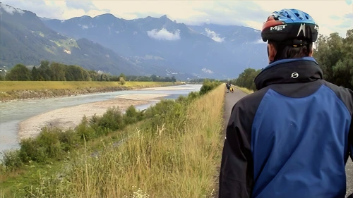 Cycle route follows the Rhine south from Buchs.