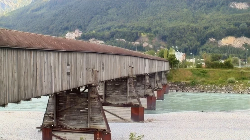 Covered bridge over the Rhine from Switzerland to Vaduz, Liechtenstein.