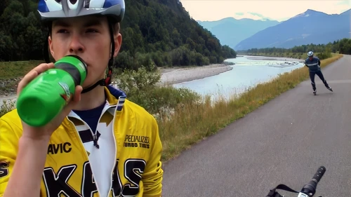 A rollerblader passes Joe on the Rhine path near Mäls, 8.7 miles from the hostel.