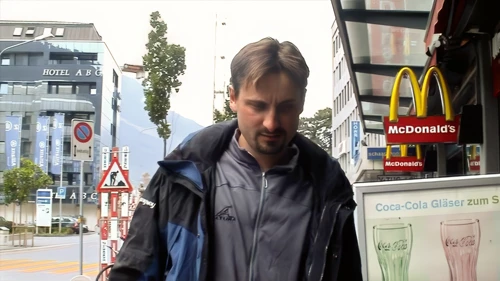 Tao outside McDonald’s, Alexander Street, Chur, after lunch, 30.5 miles into the ride.