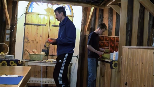 Breakfast in the basement at Airolo independent hostel