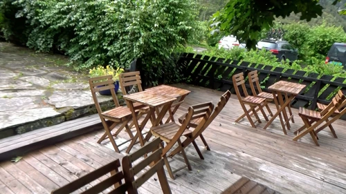 Skjolden youth hostel patio, where we barely streamed Game of Thrones.