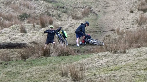 Jude tumbles on the very rough descent into Edale. Just like George.