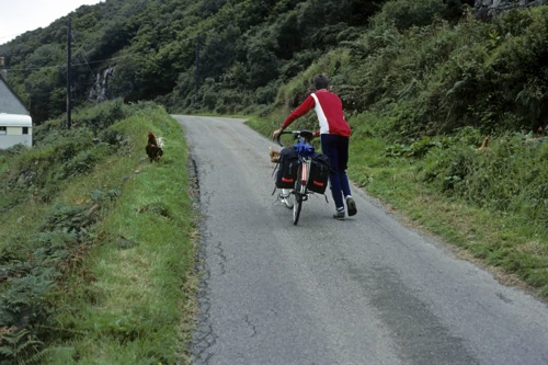 Chris squeezes past free‑range chickens at Feadan, near Achmelvich. 33 miles in.
