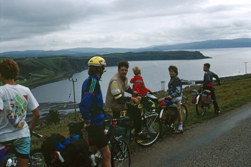 First glimpse of Uig after the long east-coast loop via the Storr, descending beside Rha Glen.