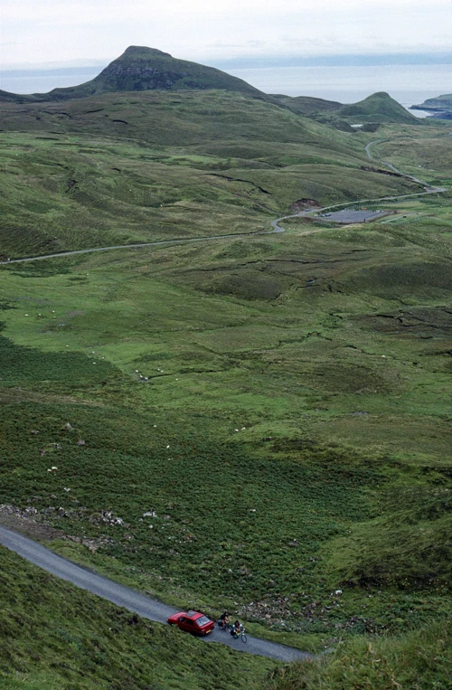 From the Quiraing: view to the cemetery car park and Dun Mor.