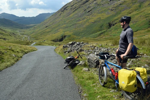 Descending to Wrynose Bottom, with Hardknott Pass looming on the horizon.
