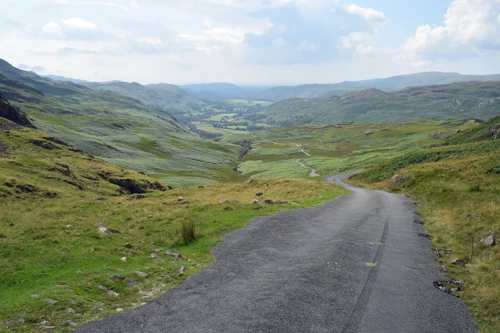 The long, steep descent from Hardknott Pass into Eskdale.