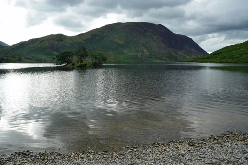 Woodhouse Island seen from the 'beach' at Crummock Water's south-east end
