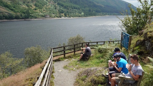 Lunch overlooking Thirlmere, with the 'castle', a valve tower, across the water.