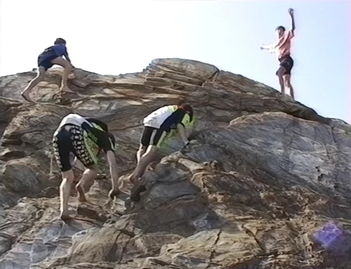 Rock climbing at Hemmick Beach.