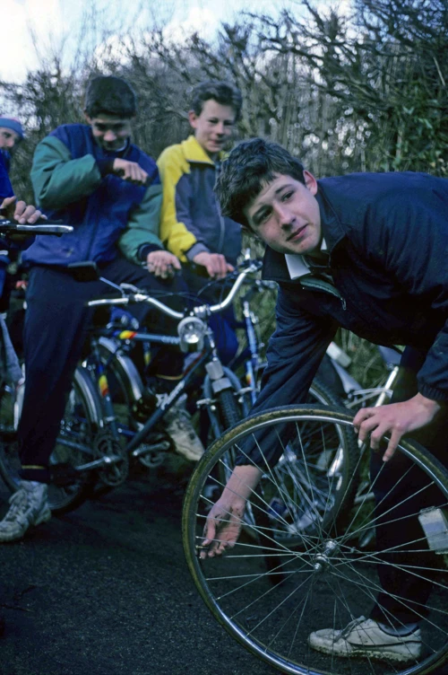 Paul wrestles with a puncture by the ford