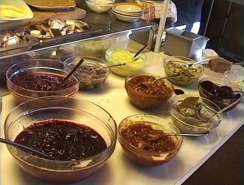 Norwegian breakfast at Voss youth hostel.