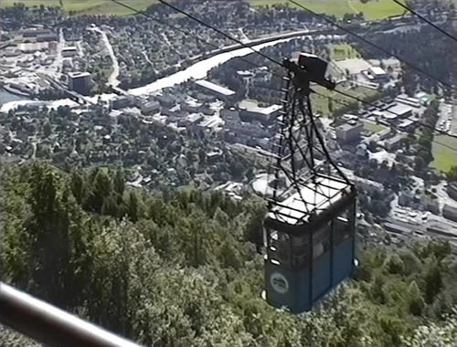 Hangursbanen cable car seen from the Mount Hangur station, Voss.