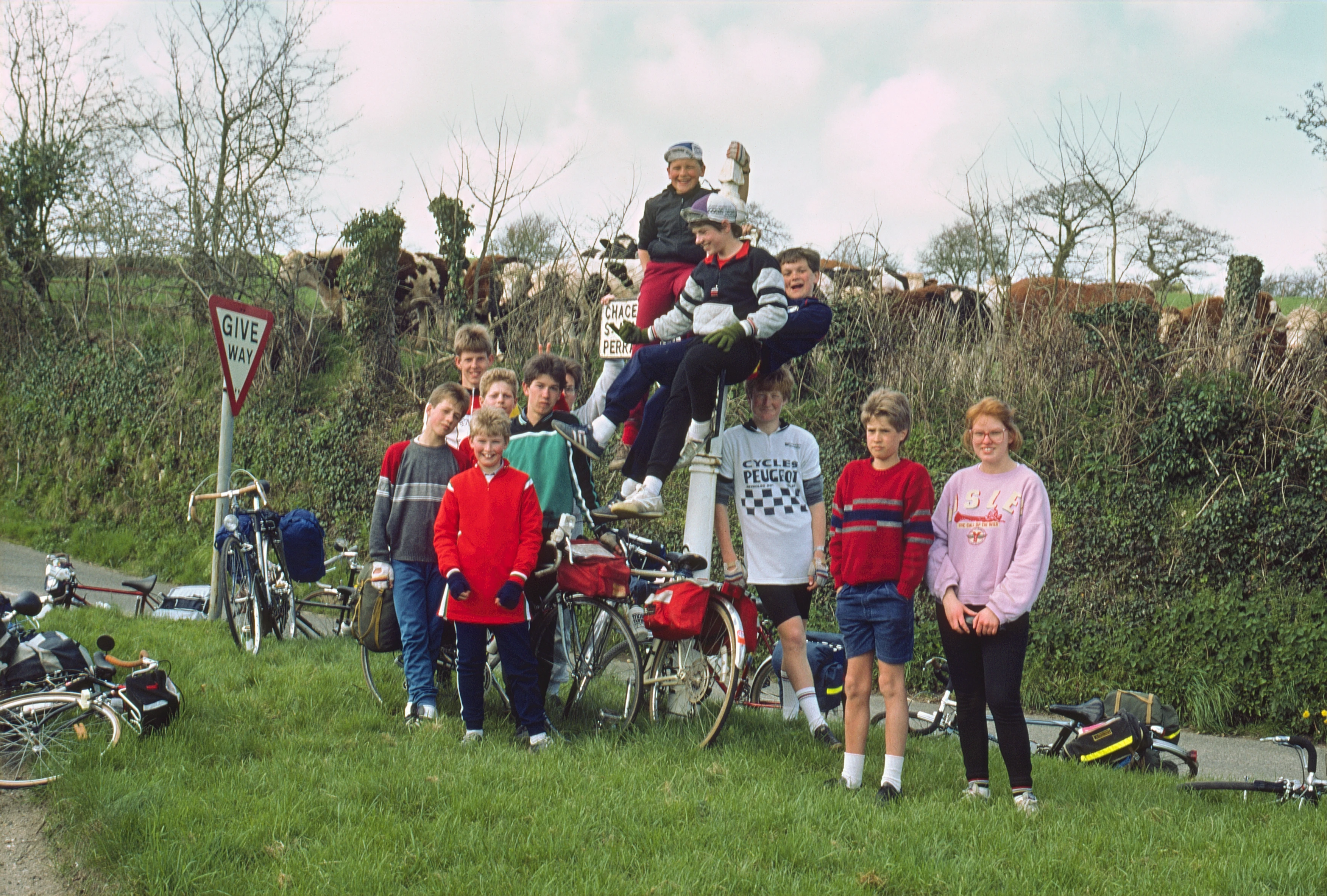 Group adornment of a road sign near Higher Carnon Farm, on the approach to Bissoe and Chacewater
